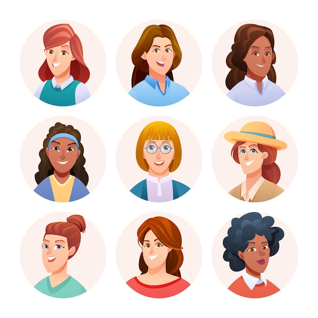 Set of woman avatar characters Female avatars in cartoon style