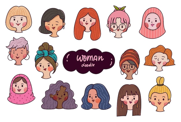 Set of woman avatars hand drawn diverse faces in cartoon doodle style