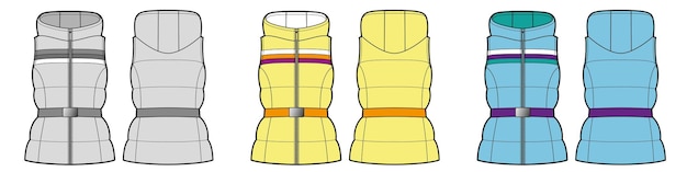 Set of woman belted sport down vests with three stripes