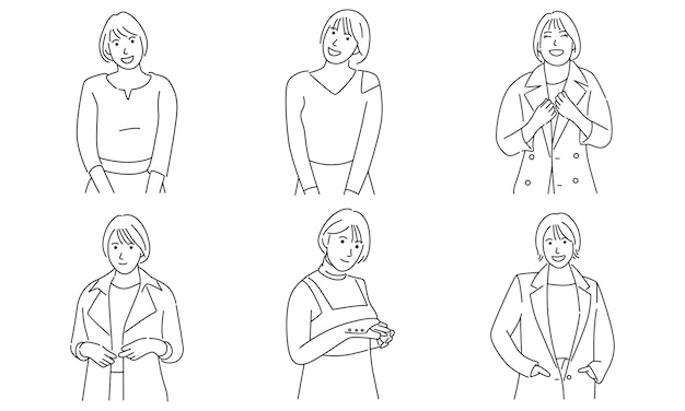Set di illustrazione di arte linea carattere donna
