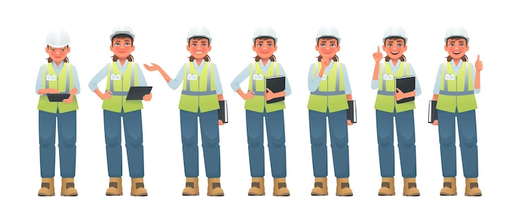 Vector ヘルメットと信号ベストの女性建設エンジニアのキャラクターのセット 建築家の安全エンジニア