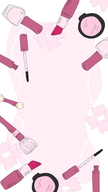 Set of woman cosmetics or makeup items Copy space for text Hand drawing flat vector illustration
