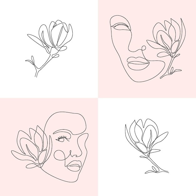 1つの線画で女性の顔と花のセット。マグノリアの花を持つ女性の抽象的なベクトルの肖像画。美容のコンセプトについては、印刷物、はがき、ポスター、表紙、物語、カード、チラシ、バナー