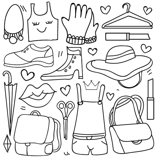 Premium Vector, Set of fashion accessories doodle isolated on white  background