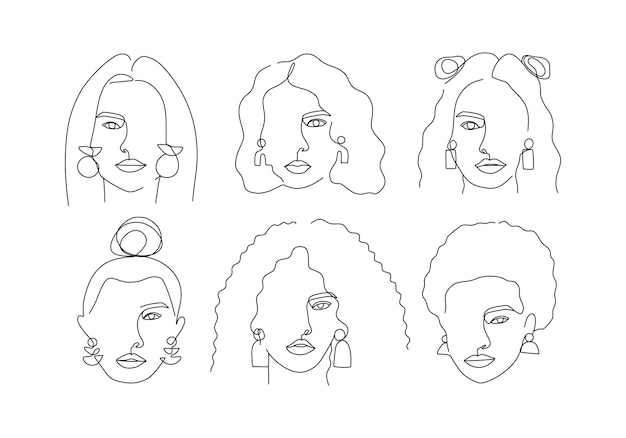 Vector set of woman head in line art set