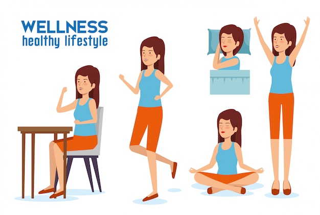 Set woman lifestyle balance with sleep, relaxation and eat