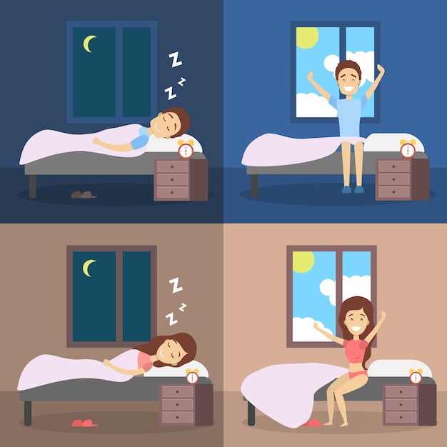 Set di donna e uomo che dorme nel letto e si sveglia con il sole di buon umore. riposo in camera da letto e risveglio mattutino. illustrazione vettoriale piatto