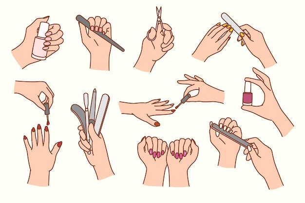 Vector set of woman do manicure with special tools and equipment collection of female nail hygiene and hand routine treatment spa and beauty salon care vector illustration