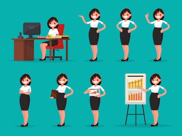 Set woman office worker in various situations illustration