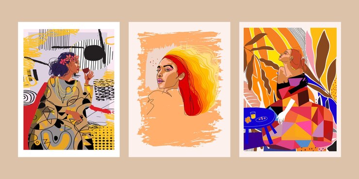 Vector 女性の肖像画のセット 抽象的な幾何学的形状 手描きのベクトル壁画イラスト