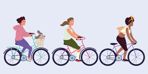 Vector set woman riding bike