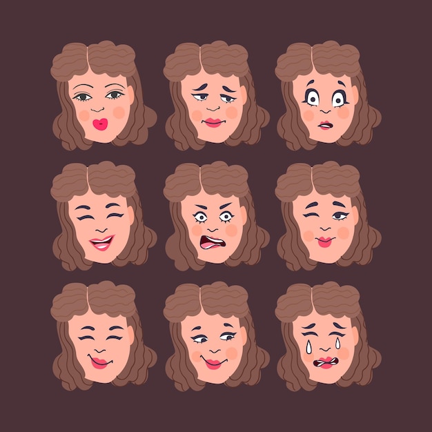 Vector set of woman's emotions facial expression girl avatar illustration of a flat design vector format