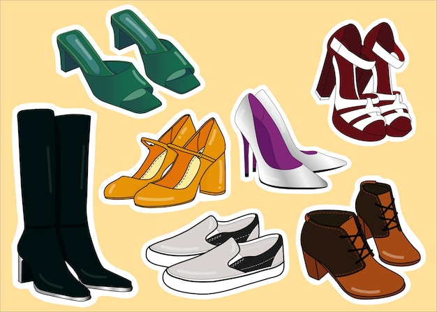 Set di scarpe da donna illustrazione vettoriale, moda e moderno