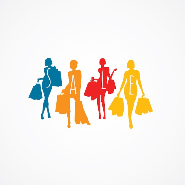 Vector set of woman shopping silhouettes on white backgrounds