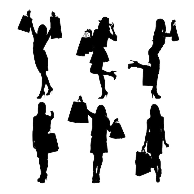 Set of woman silhouettes happy shopping vector