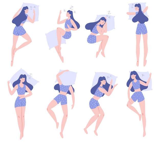 Vector set of woman sleep in different position. female character in the bed on pillow. night dream. resting in bedroom.   illustration