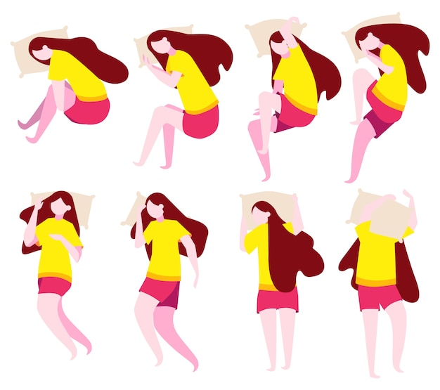 Set of woman sleep in different position. female character