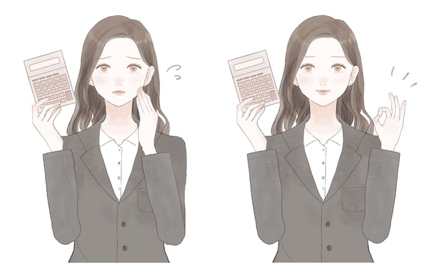 Set of woman in suit with calculator.