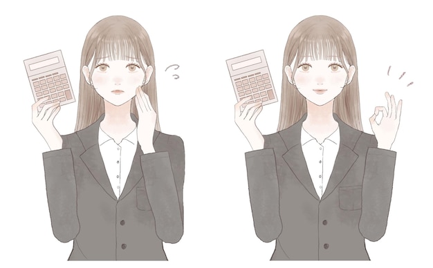 Vector set of woman in suit with calculator.