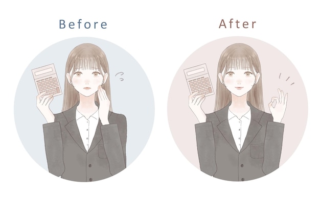 Vector set of woman in suit with calculator.