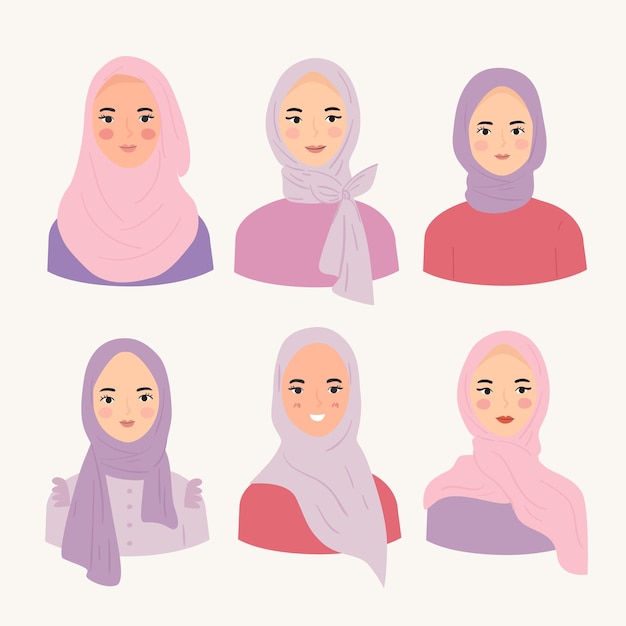 Set of woman wear hijab trendy style