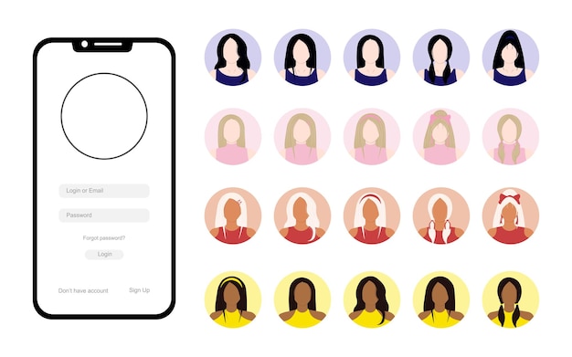 Set of women avatars for profile Login authentication concept on smartphone screen