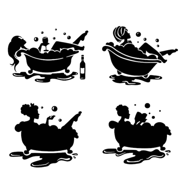 Vector set of women in bath with foam relax silhouette vector