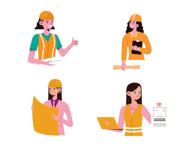 Vector set of women builders working with set icons vector illustration design