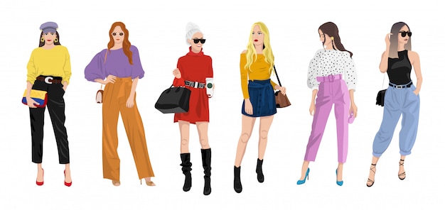 Premium Vector  Set of women dressed in stylish trendy clothes