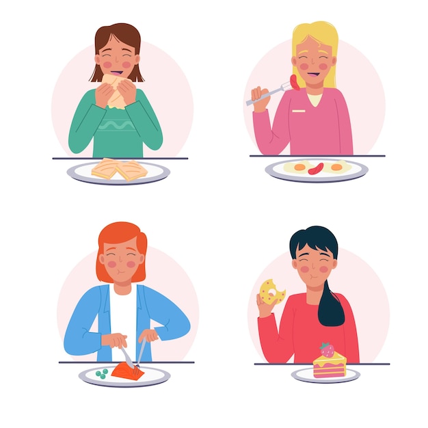 Vector a set of women eating different food in a flat style