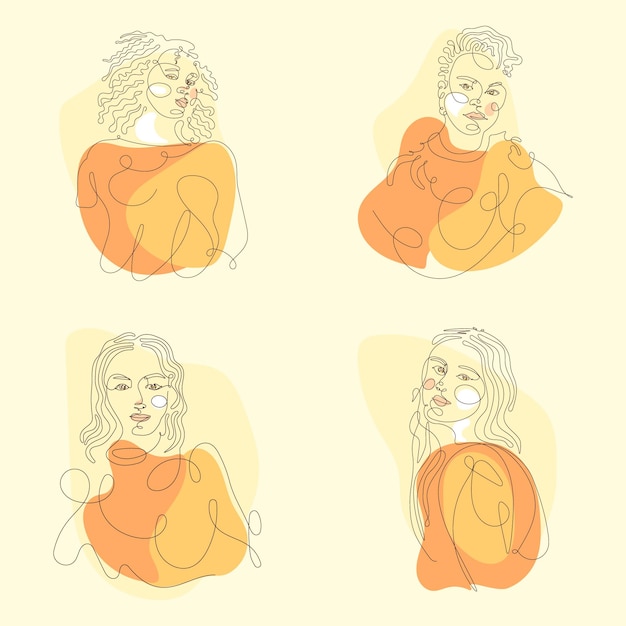 Vector set of women in elegant floral line art style