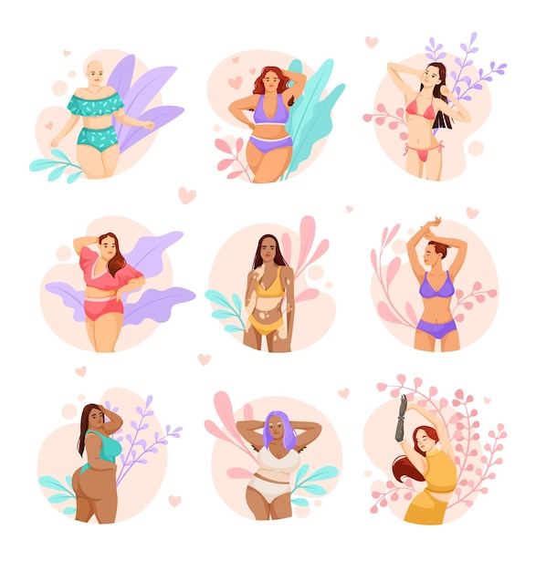 Set of women or girls body positive concept Woman in swimsuit is not shy about her body Beauty figure shape Attractive person in bikini Flat vector illustration isolated on white background