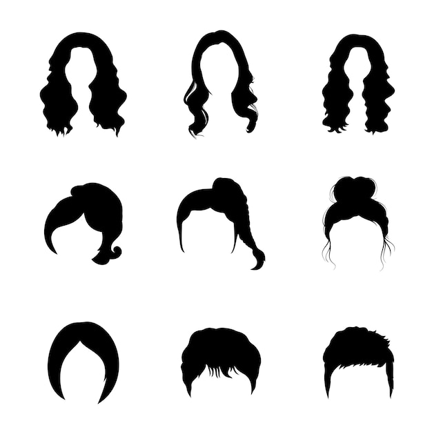 Set di capelli da donna - taglio di capelli corto, medio e lungo - silhouette vector - ragazze con acconciatura riccia