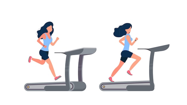 Set of women illustrations in shorts running on a simulator