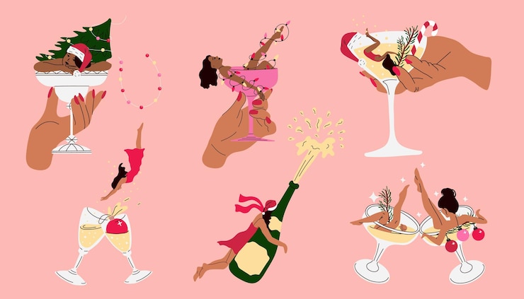Vector set of women is sitting in a martini glass happy new years