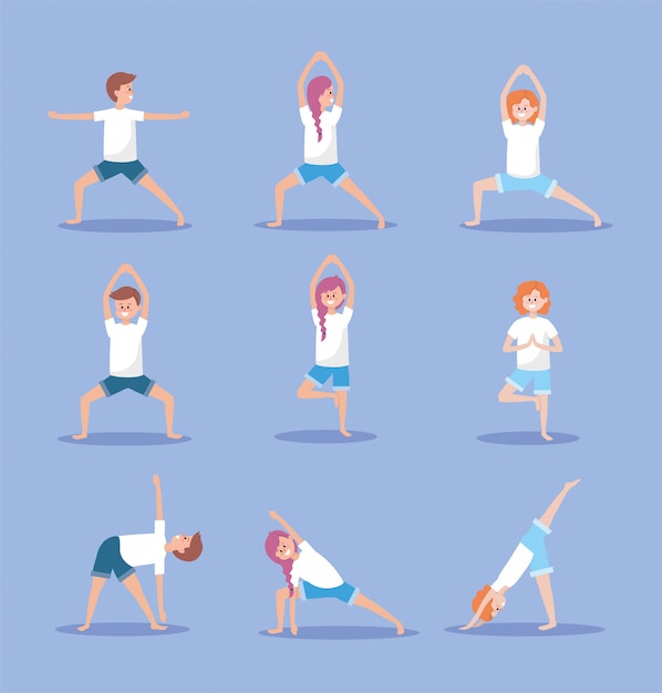 Impostare le donne e l'uomo praticare la posizione di esercizio yoga