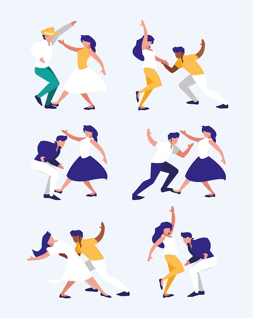 Set of women and men doing dancing positions illustration