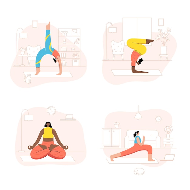 Set of women performing online yoga exercises at home or at work.