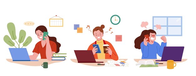 Vector set of women on phones at work