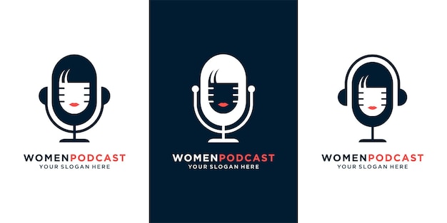 Set di concetto di design del logo podcast delle donne vettore premium