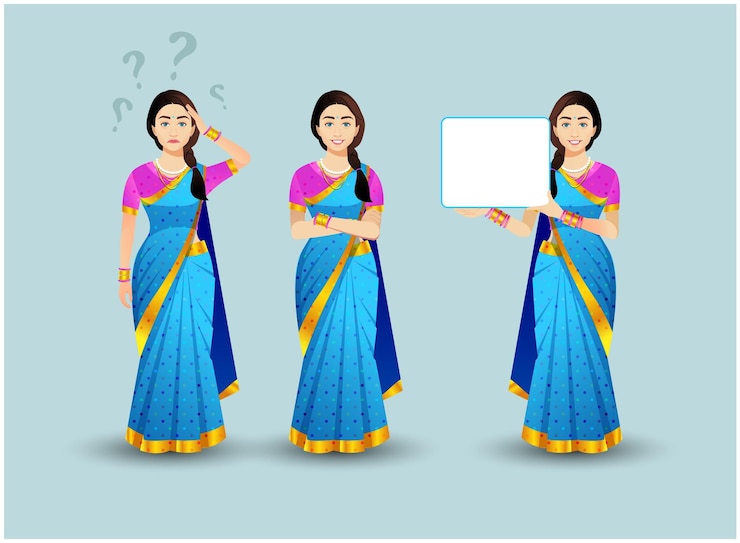 वेक्टर set of women poses with blue saree vector character design