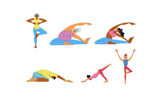 Insieme di donne che praticano yoga in diverse pose su sfondo bianco disegno di illustrazione vettoriale