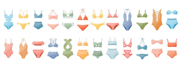 Set of women's bikini swimwear swimsuits on a white background Women's clothing icons vector