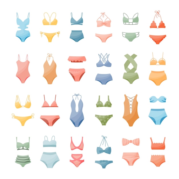 Set of women's bikini swimwear swimsuits on a white background Women's clothing icons vector