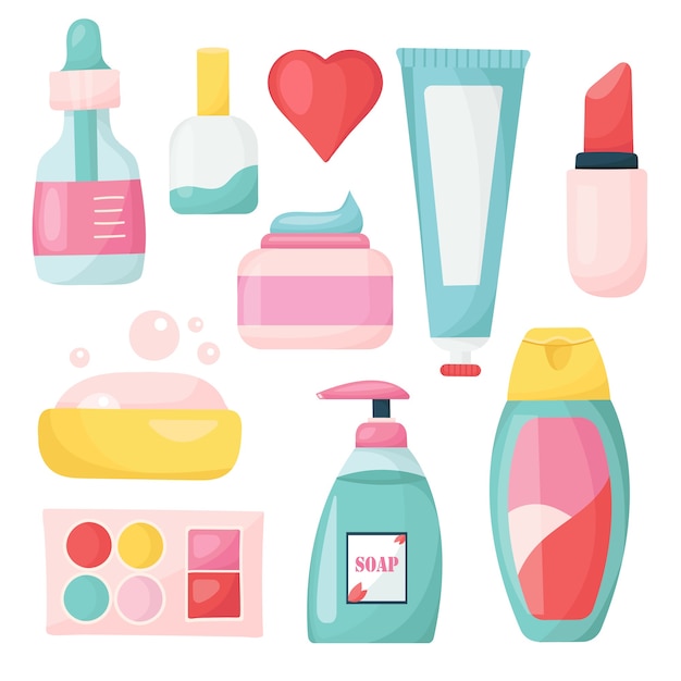 Vector set of women's cosmetics and beauty products.