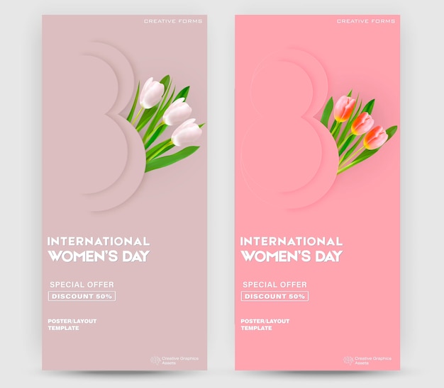 Set of women's day ticket. 8 march holiday background with realistic flowers. Vector illustration