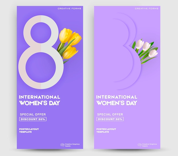 Set of women's day ticket. 8 march holiday background with realistic flowers. Vector illustration