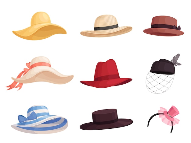 Vector set of women's fashionable hats of different colors and styles in retro style. elegant broad-brimmed hat, panama, gaucho, fedora. isolated on a white background.