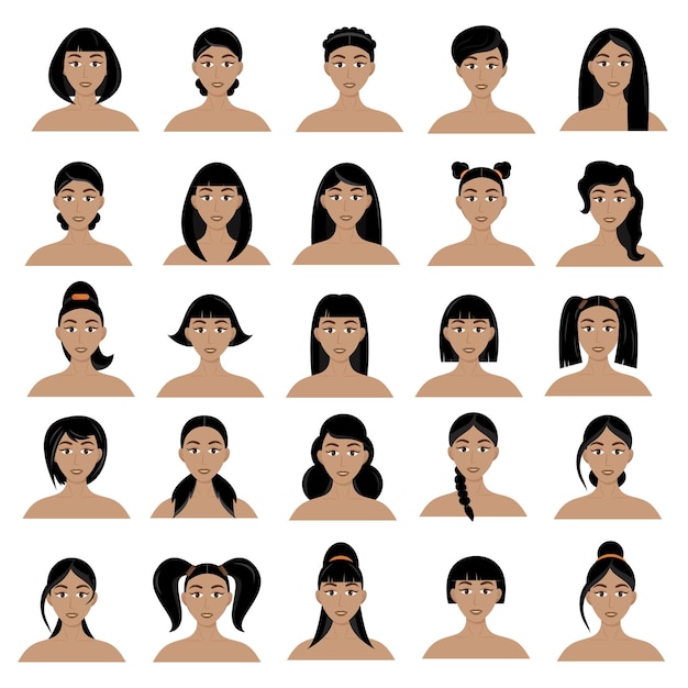 Set of women's hairstyles. Beautiful young brunette girls with different hairstyles isolated on a white background.