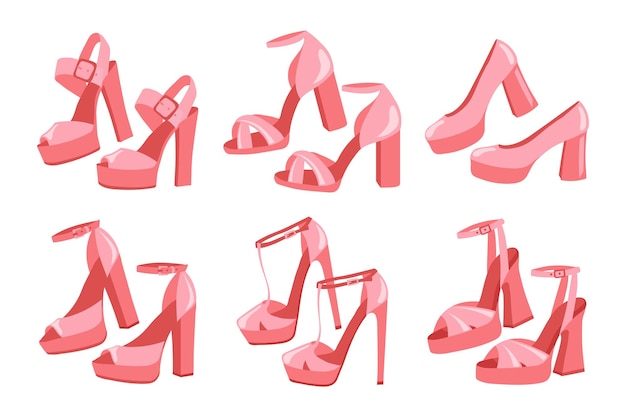 Set of women's highheeled shoes in retro style collection of pink vintage shoes